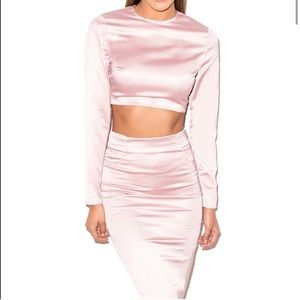 Luxury Rose-gold satin crop top skirt matching set